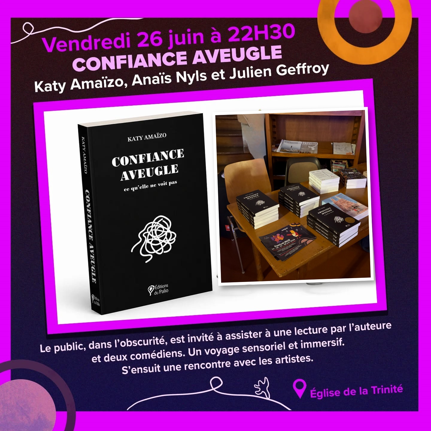 Affiche du Festival MUZ, lecture de Confiance aveugle le 26 juin